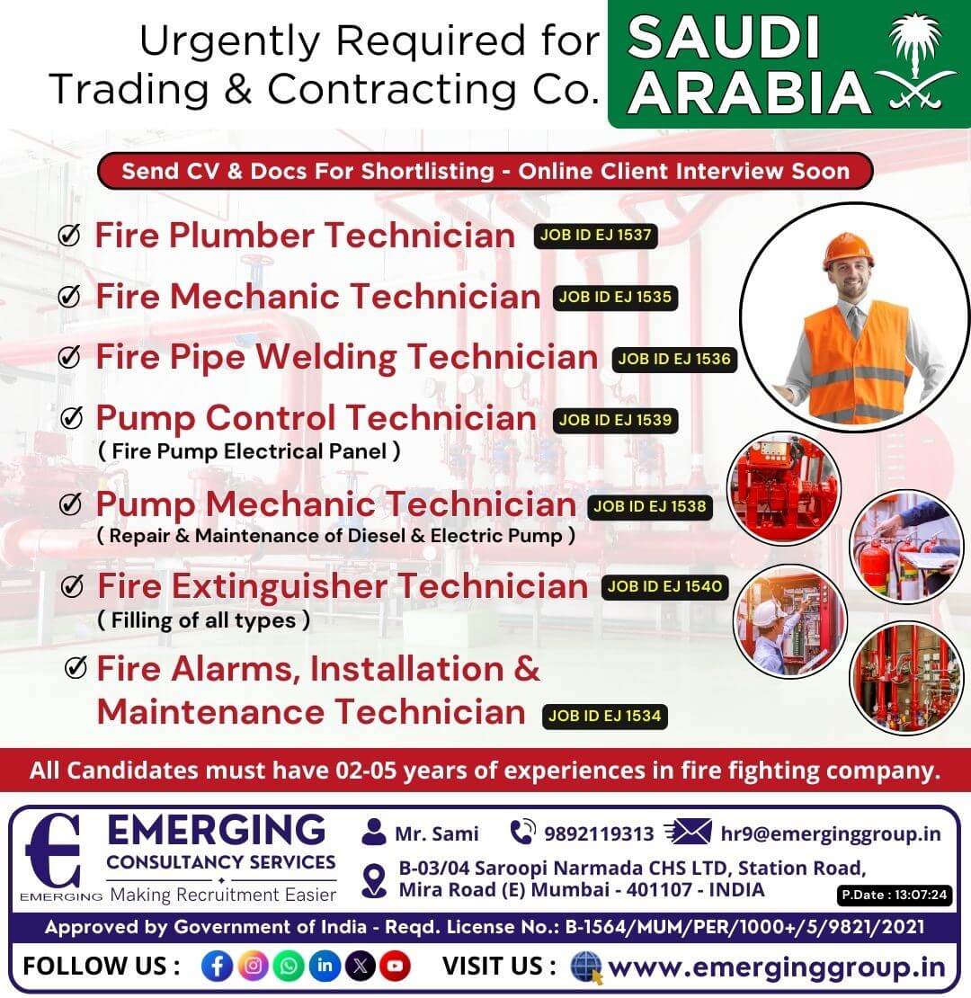 Urgently Required for Trading & Contracting Company in Saudi Arabia (Fire Fighting Projects) Urgently Required for Trading & Contracting Company in Saudi Arabia (Fire Fighting Projects)