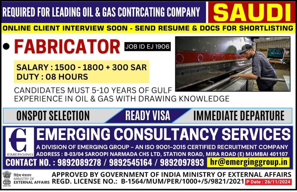 Urgently Required for Leading Oil & Gas Contracting Company in Saudi Arabia Urgently Required for Leading Oil & Gas Contracting Company in Saudi Arabia