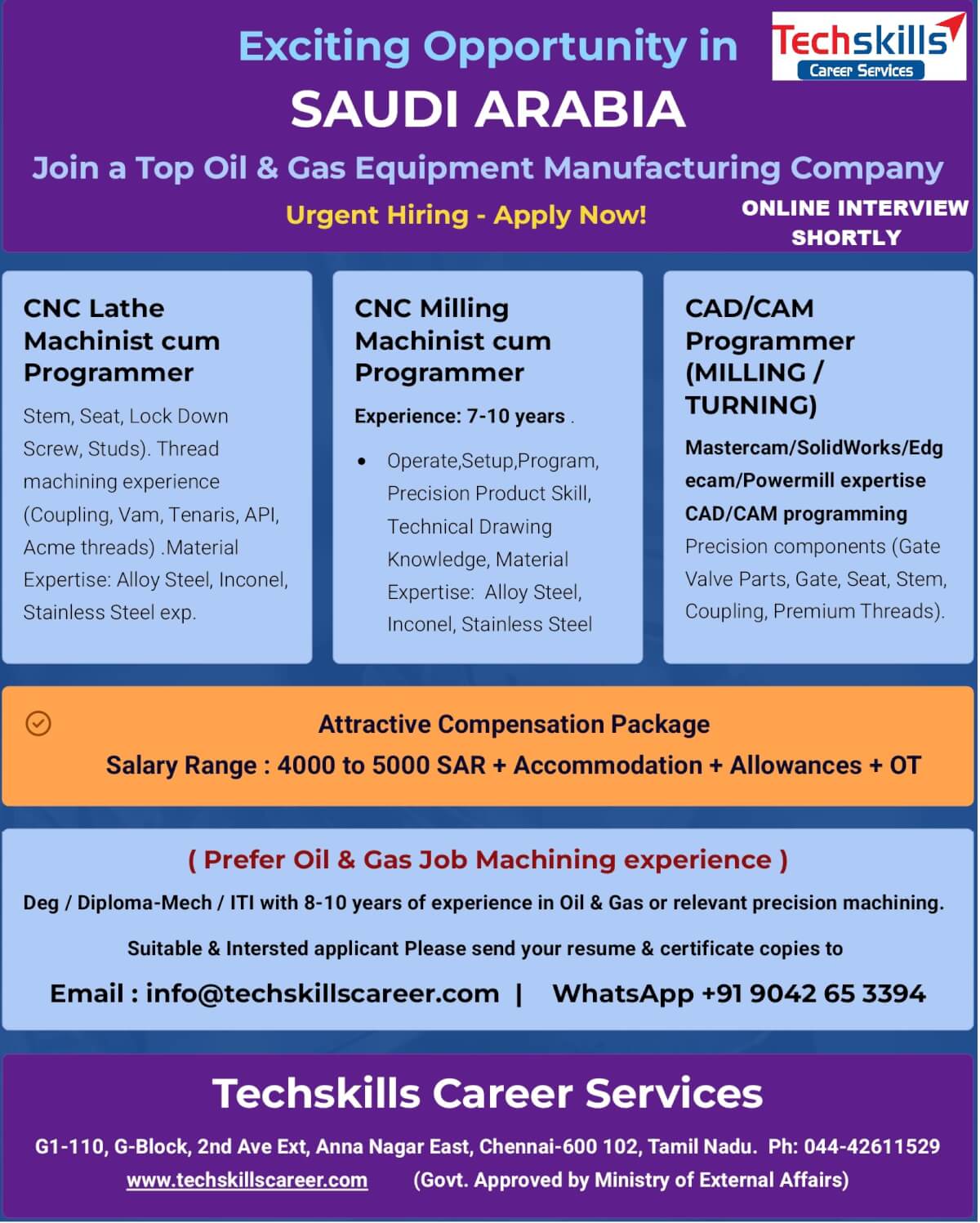 SAUDI ARABIA - URGENT REQUIREMENTS - CNC MACHINIST / CNC PROGRAMMER