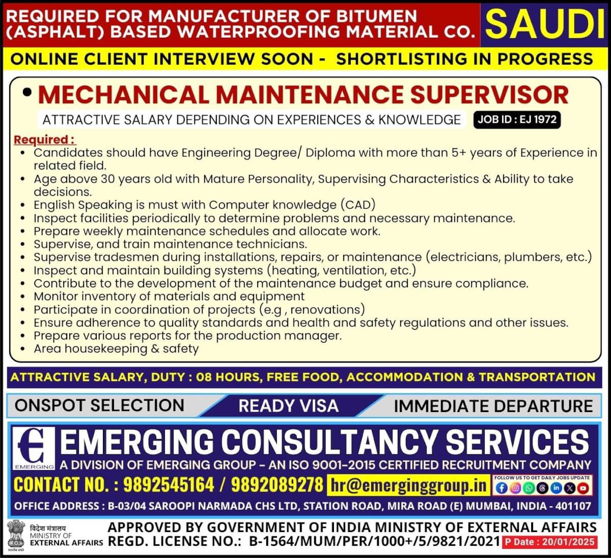 Urgently Required for Manufacturer of Bitumen Based Waterproofing Company in Saudi Arabia - Online Client Interview Soon