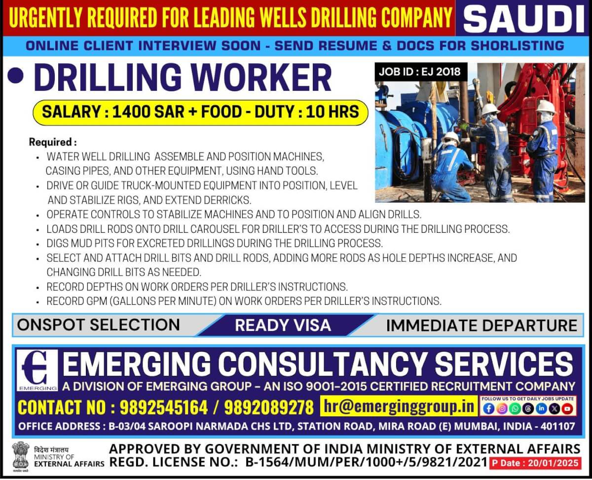 Urgently Required for Leading Wells Drilling Company in Saudi Arabia - Shortlisting in Progress - Shortlisting in Progress