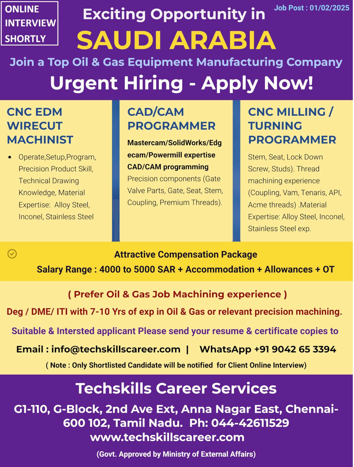 Saudi Arabia Requires:  CNC PROGRAMMER / CAD CAM PROGRAMMER