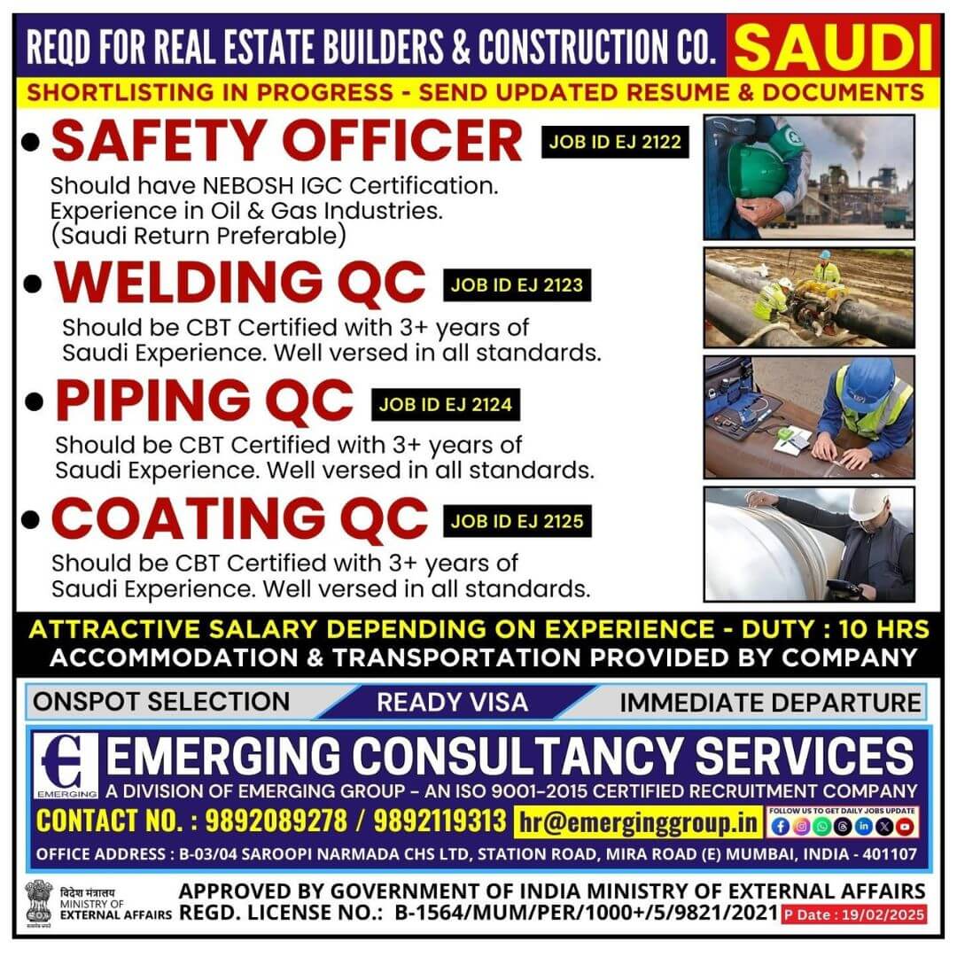 Urgently Required for Real Estate Builders & Construction Company in Saudi Arabia  - Shortlisting in Progress