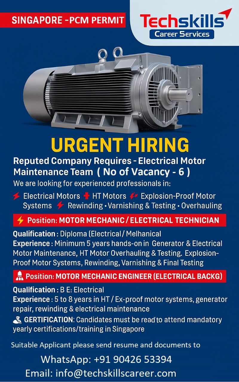 SINGAPORE REQUIRED - MOTOR MECHANIC - ELECTRICAL