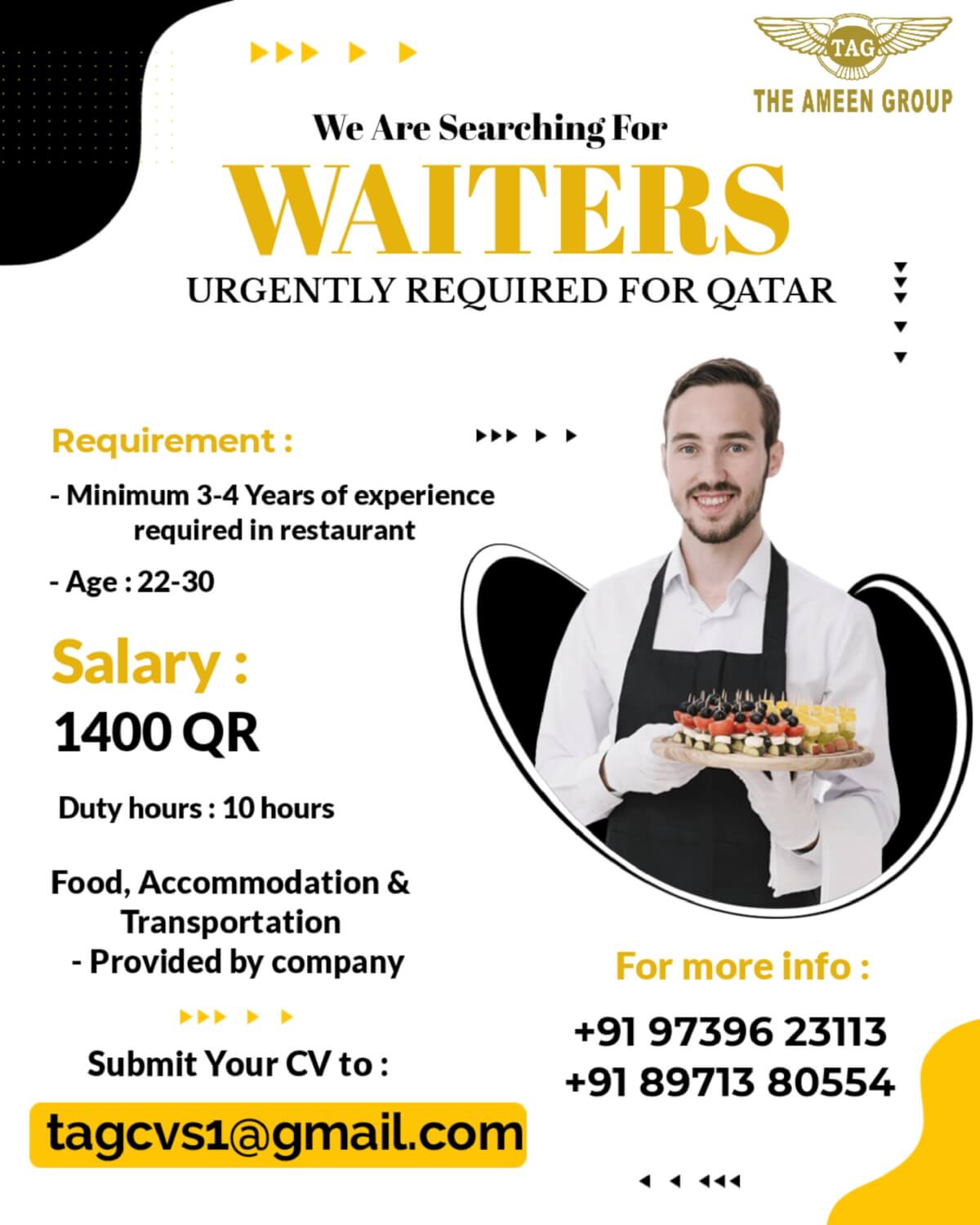 URGENTLY REQUIRED WAITERS FOR RESTAURANT IN QATAR