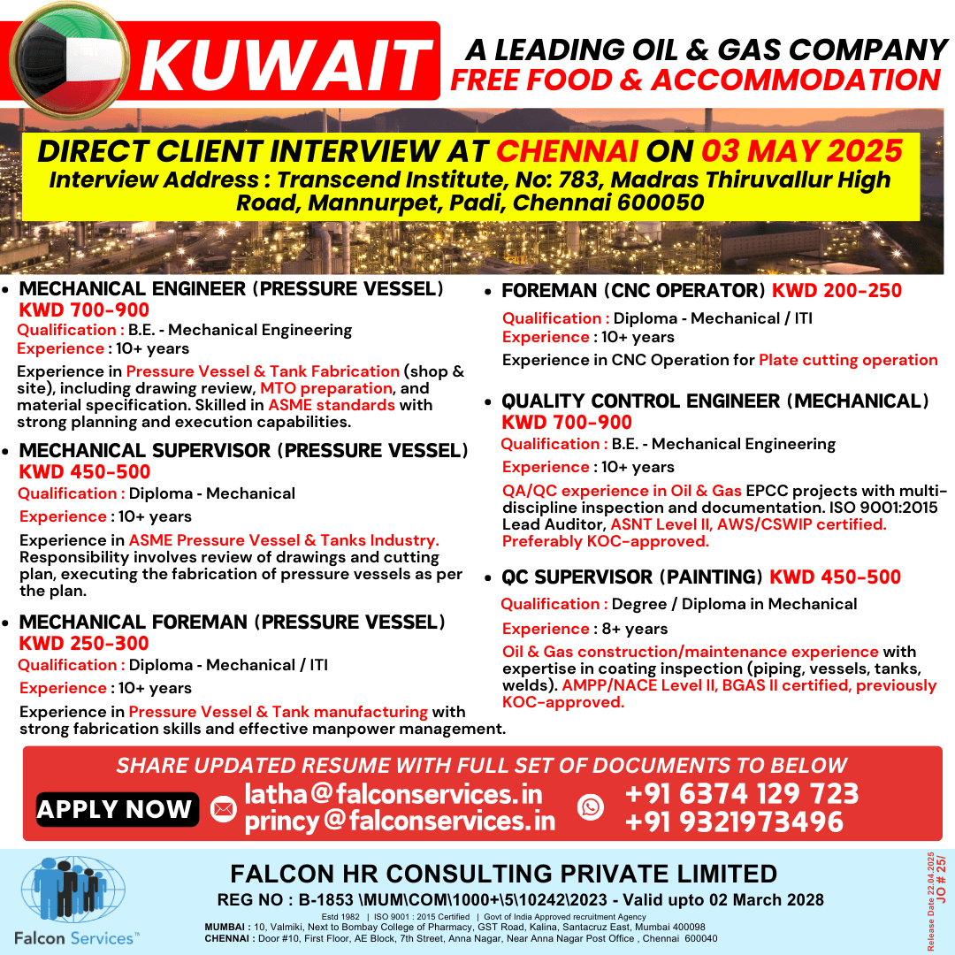 A leading Oil & Gas company in Kuwait is hiring experienced professionals for their Engineering Division!