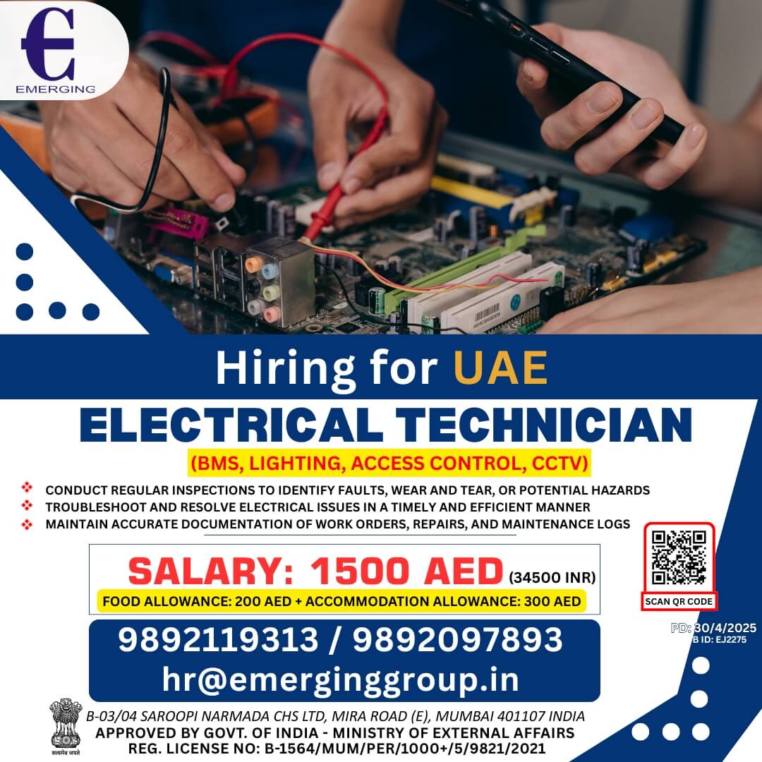 OB VACANCY – ELECTRICAL TECHNICIAN (BMS, Lighting, Access Control, CCTV) – UAE