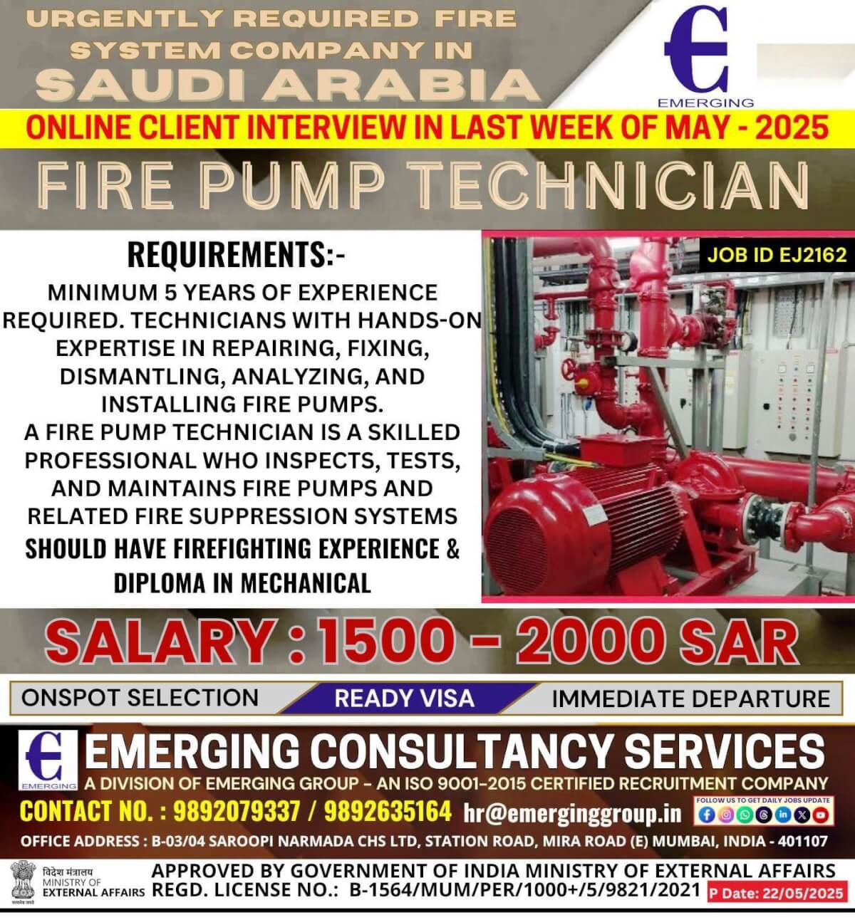 URGENTLY REQUIRED FOR FIRE FIGHTING SYSTEM COMPANY IN SAUDI ARABIA