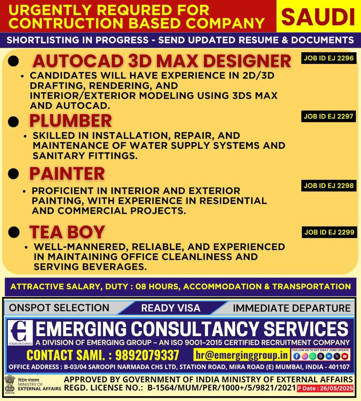 URGENTLY REQUIRED FOR CONSTRUCTION BASED COMPANY IN SAUDI ARABIA