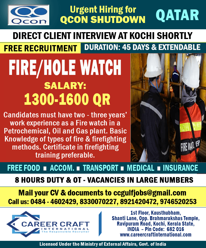 Client Interview at Kochi for FIRE WATCH/HOLE WATCH for Qatar -