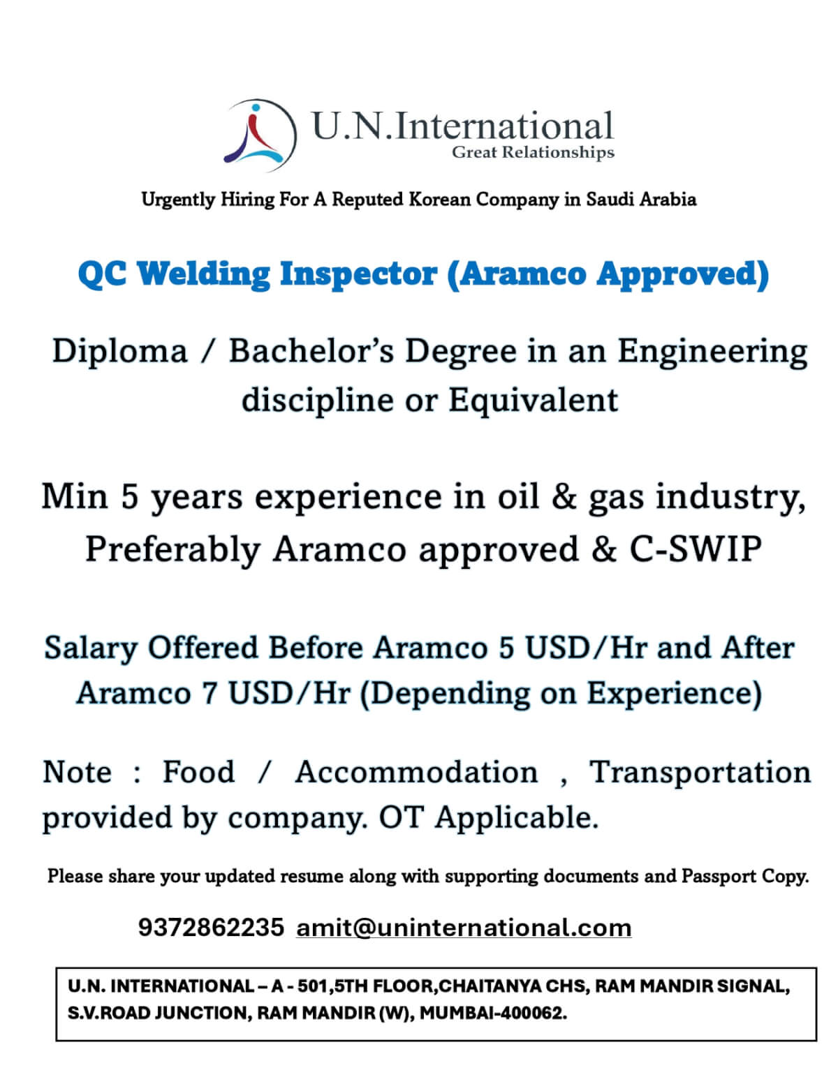 HIRING NOW QC WELDING INSPECTORS FOR REPUTED KOREAN COMPANY IN SAUDI ARABIA HIRING NOW QC WELDING INSPECTORS FOR REPUTED KOREAN COMPANY IN SAUDI ARABIA