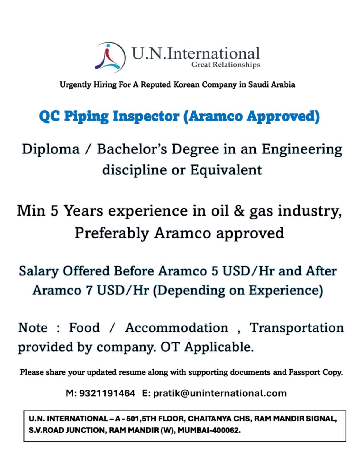 HIRING NOW QC PIPING INSPECTORS FOR REPUTED KOREAN COMPANY IN SAUDI ARABIA HIRING NOW QC PIPING INSPECTORS FOR REPUTED KOREAN COMPANY IN SAUDI ARABIA