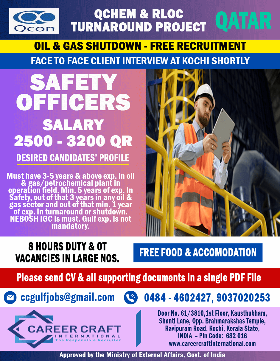 Urgent requirement of Safety Officers for Qatar - QCON - SHUTDOWN