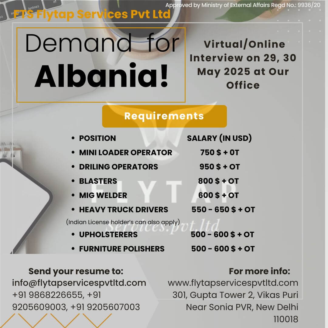 Hiring for Albania – Skilled & Semi-Skilled Jobs | FTS Flytap Services Pvt. Ltd. ? Virtual Interview: 29th & 30th May 2025
