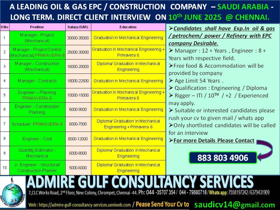 A  LEADING OIL & GAS COMPANY - SAUDI ARABIA -LONG TERM . DIRECT CLIENT INTERVIEW ON 10th JUNE 2025@ CHENNAI