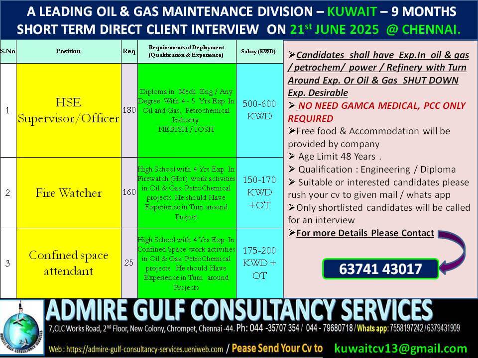 A  LEADING OIL & GAS COMPANY - KUWAIT-9- MONTHS SHORT TERM . DIRECT CLIENT INTERVIEW ON 21st JUNE 2025@CHENNAI