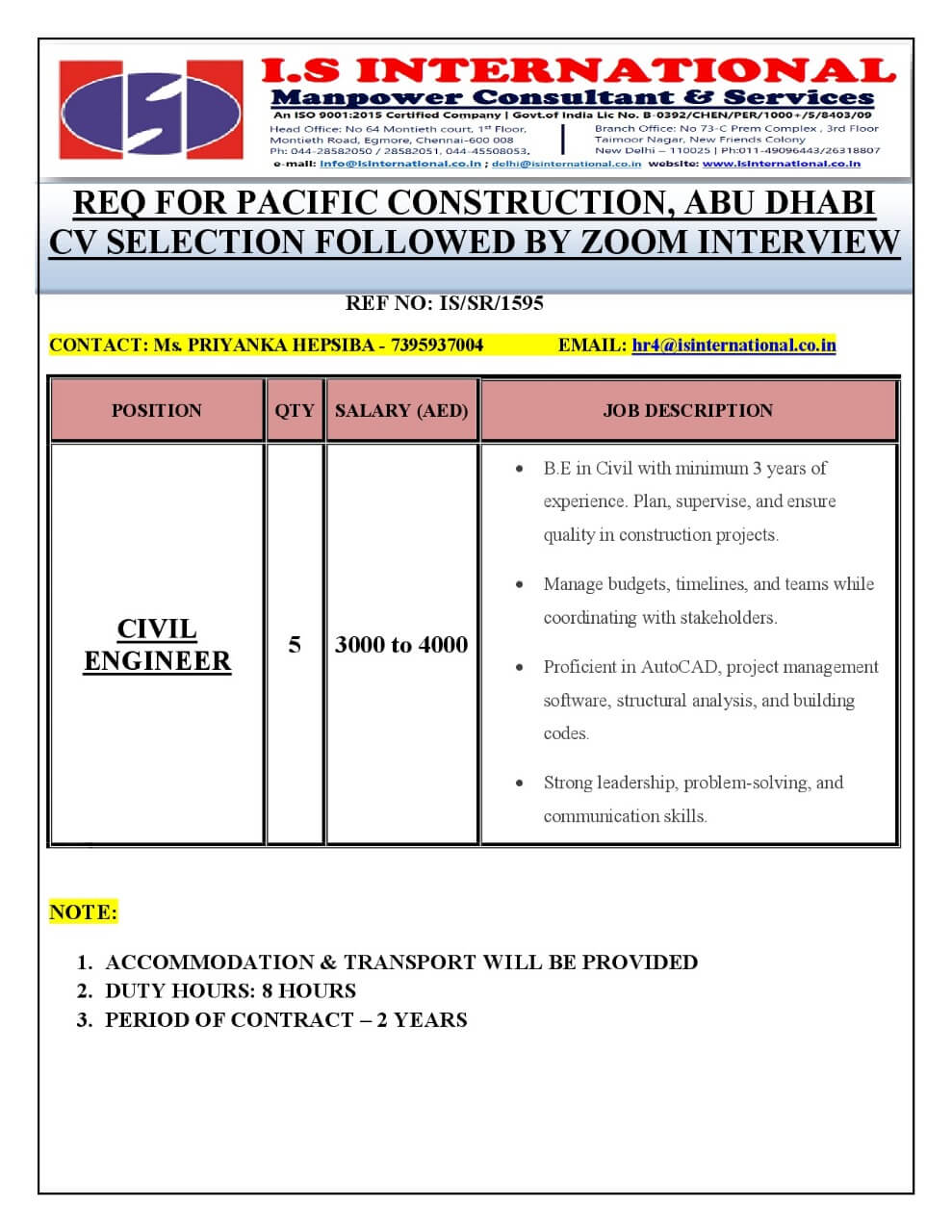Hiring for Civil engineer - ABU DHABI