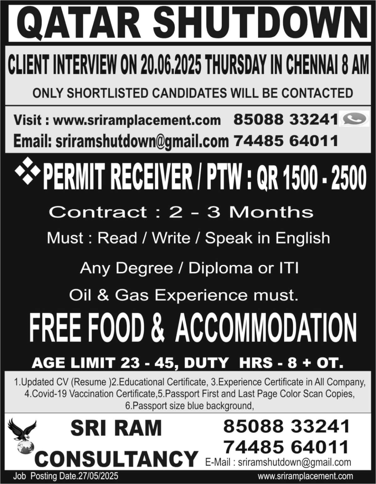 Urgent Recruitment for Qatar Oil & Gas , Shutdown Project for Permit Receiver,  apply : sriramshutdown@gmail.com.