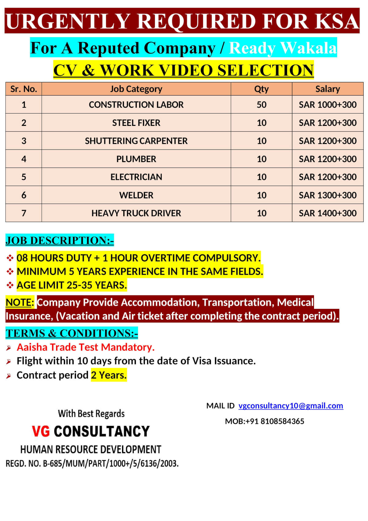 URGENT  REQUIREMENT FOR SAUDI ARABIA