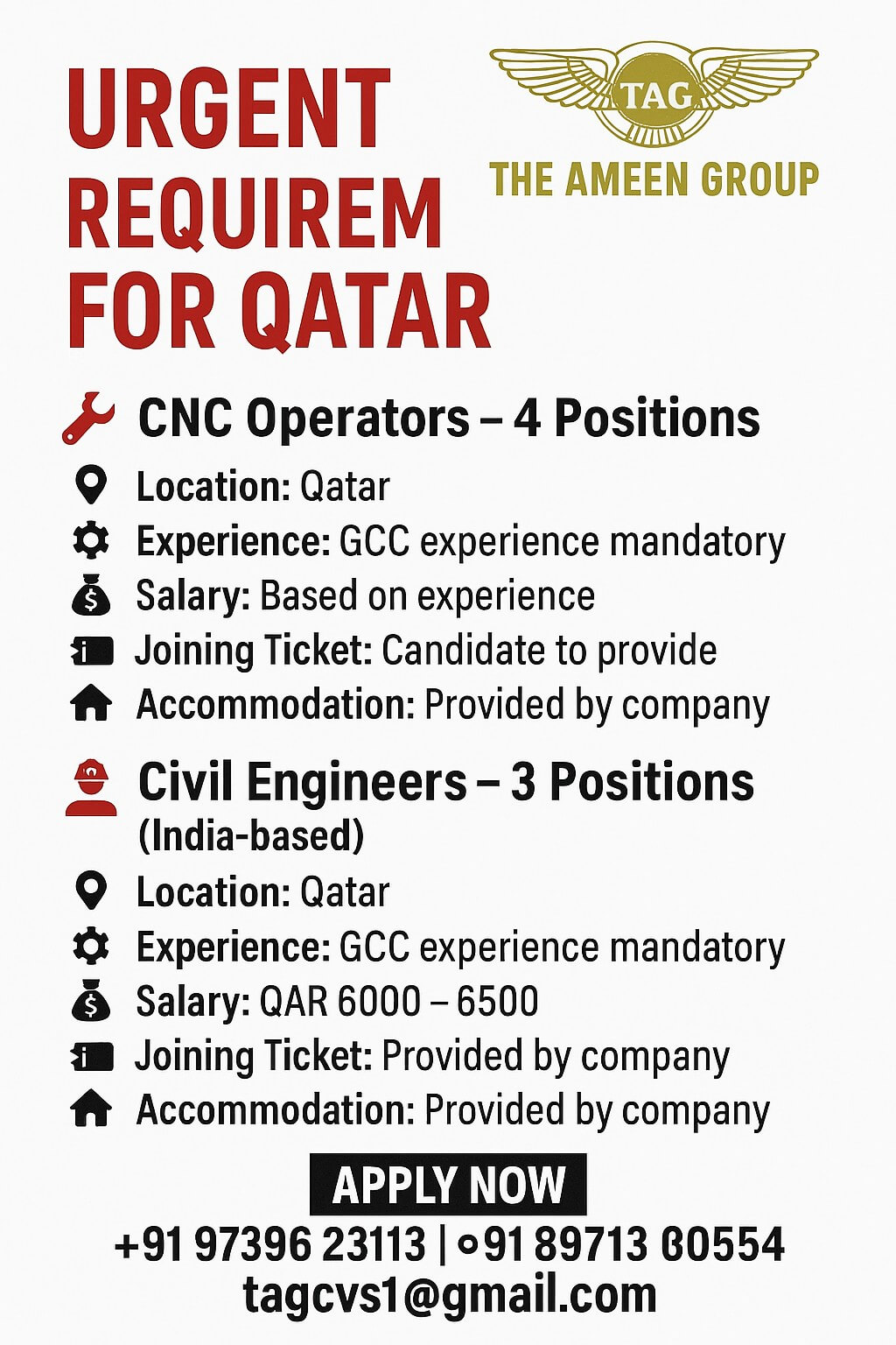 URGENTLY REQUIRED CNC OPERATORS & CIVIL ENGINEERS FOR QATAR