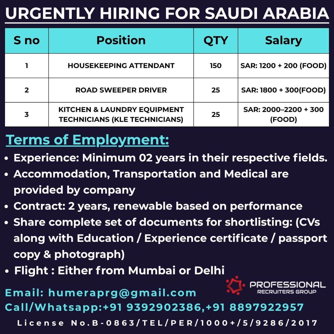 Urgent Hiring for Saudi Arabia Urgent Hiring for Saudi Arabia
