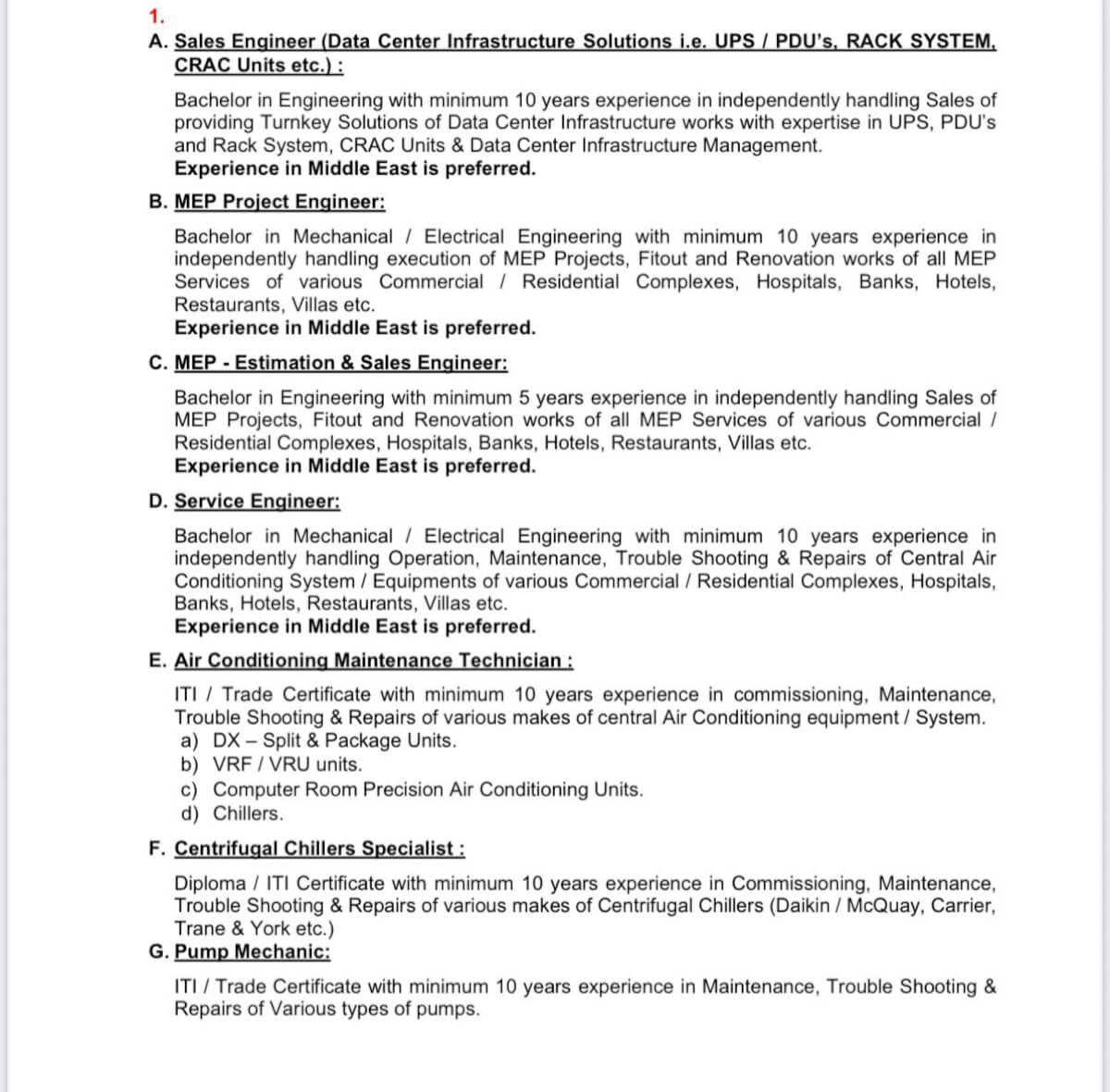 Required for a Leading Maintainance Company (For their Service Department) - Kuwait Required for a Leading Maintainance Company (For their Service Department) - Kuwait