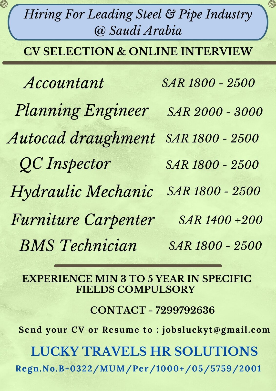 Hiring for Leading Steel/Pipe Industry - Saudi - CV Selection & Online Interview - 7299792636