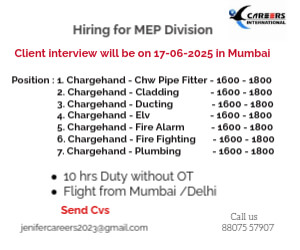 Hiring For MEP Division - Client interview will be on 17-06-2025 in Mumbai