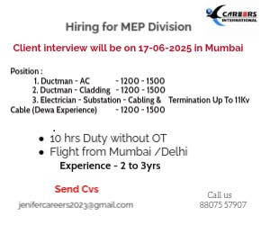 Hiring for MEP Division - Client interview will be on 17-06-2025 in Mumbai
