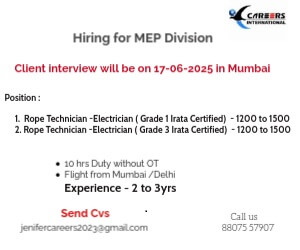Hiring for MEP Division - Client interview will be on 17-06-2025 in Mumbai