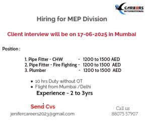 Hiring for MEP Division - Client interview will be on 17-06-2025 in Mumbai