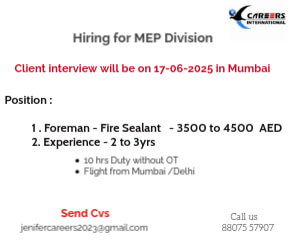 Hiring for MEP Division - Client interview will be on 17-06-2025 in Mumbai