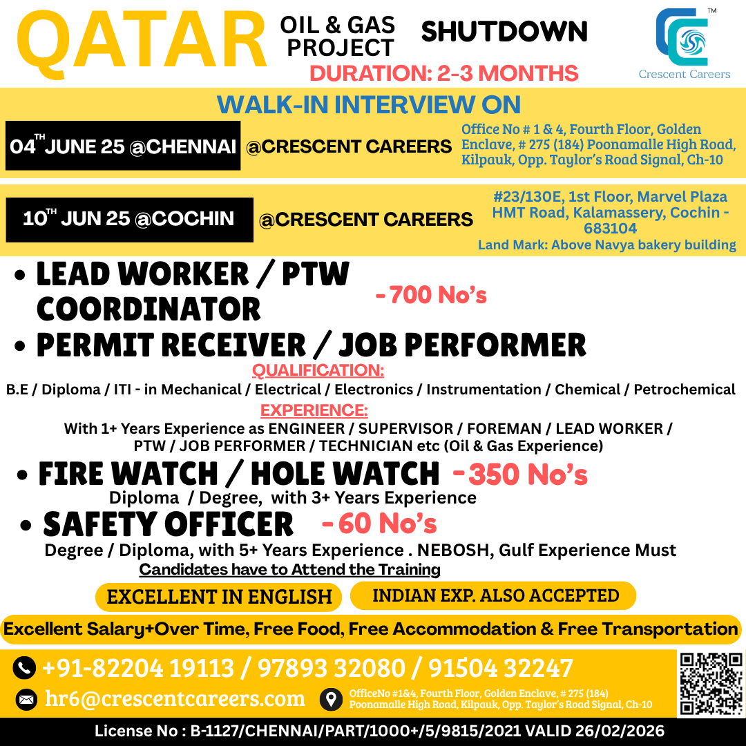 WALK-IN INTERVIEW ON 04th JUN 2025 @CHENNAI & 10th JUN 2025 @COCHIN