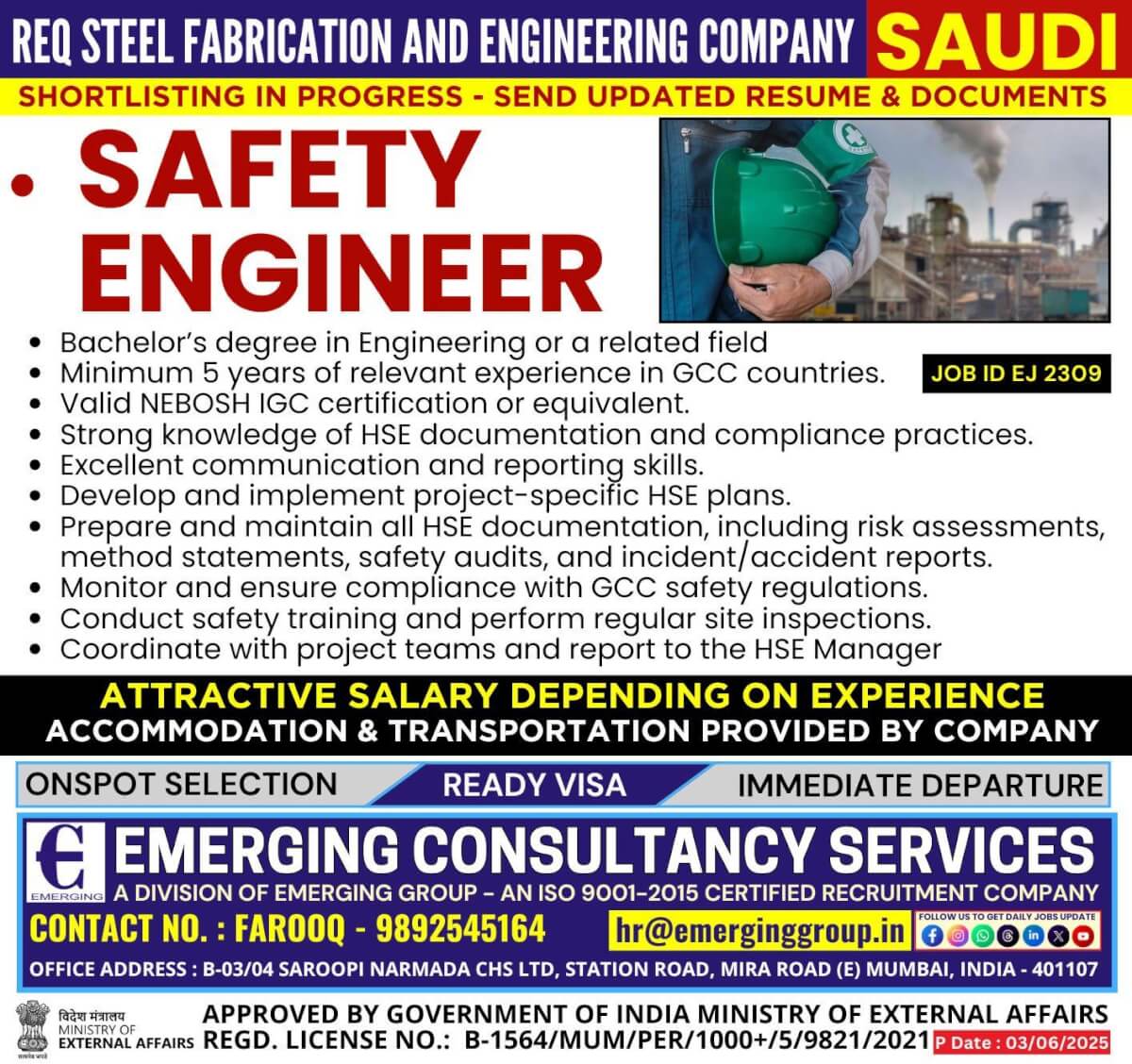 URGENTLY REQIUIRED SAFETY ENGINEER FOR SAUDI ARABIA