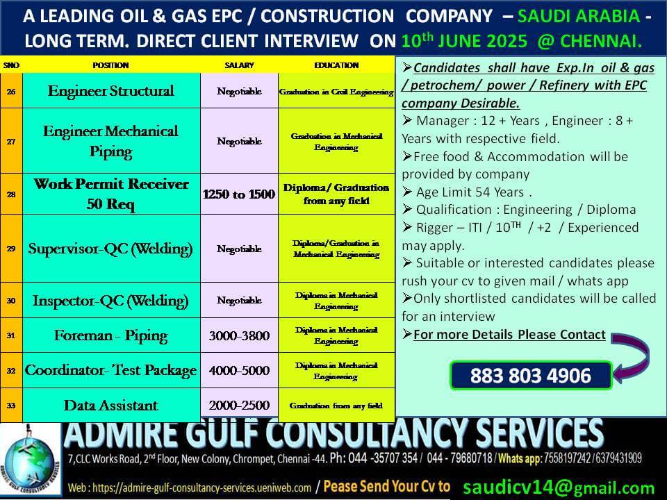 A LEADING OIL & GAS EPC - COMPANY -SAUDI ARABIA . LONG TERM . DIRECT CLIENT INTERVIEW ON 10th JNE 2025 @ CHENNAI A LEADING OIL & GAS EPC - COMPANY -SAUDI ARABIA . LONG TERM . DIRECT CLIENT INTERVIEW ON 10th JNE 2025 @ CHENNAI