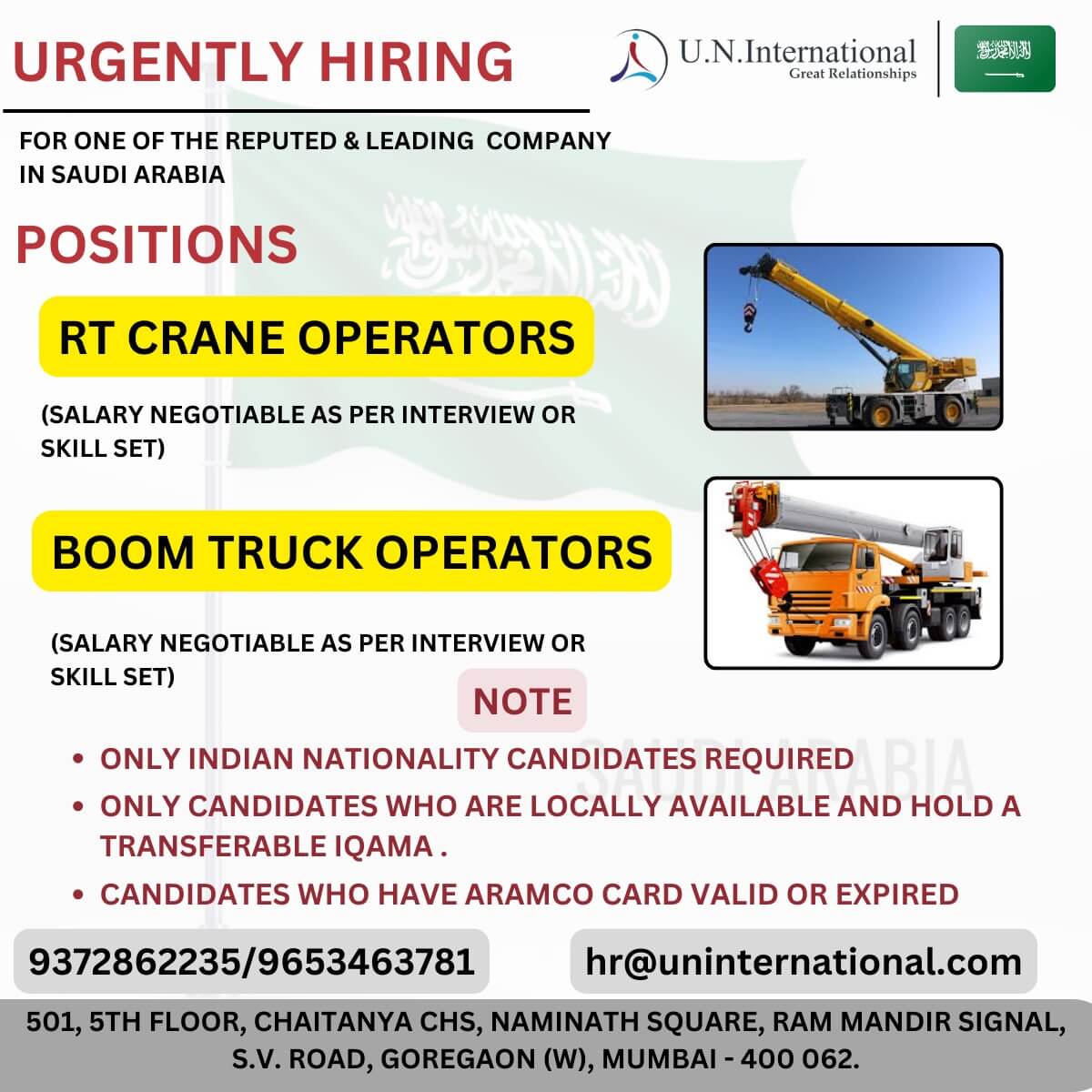 Require immediately RT Crane Operators - 25 Ton and Boom Truck Operators for Saudi Arabia Require immediately RT Crane Operators - 25 Ton and Boom Truck Operators for Saudi Arabia