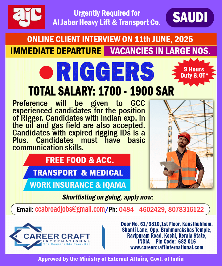 Urgent requirement of Riggers for Al Jaber Company, Saudi -