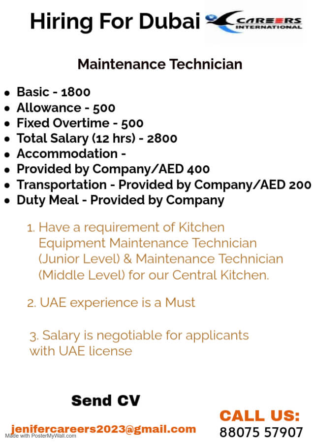 Hiring for Dubai - Maintenance Technician Hiring for Dubai - Maintenance Technician
