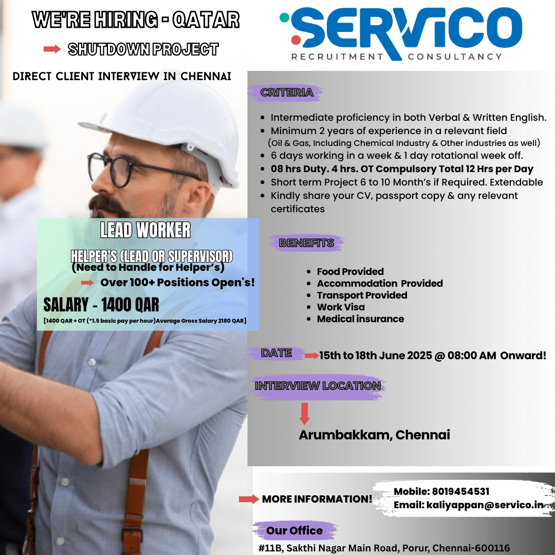 LEAD WORKER - Helper’s (lead or supervisor) - Over 100+ Positions Open's!