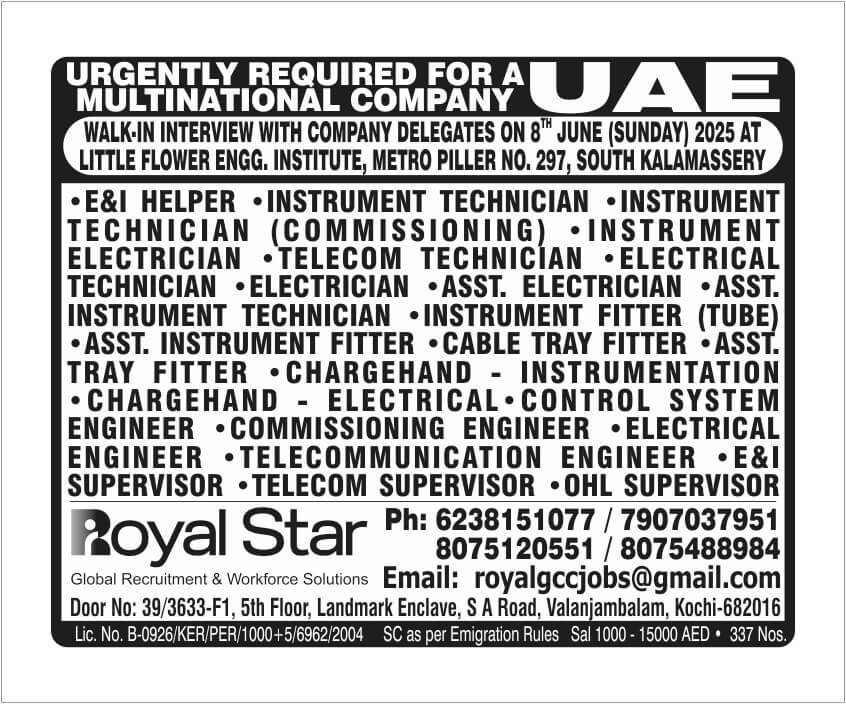 CONTROL SYSTEM ENGINEER - COMMISSIONING ENGINEER - ELECTRICAL ENGINEER - TELECOMMUNICATION ENGINEER - E&I SUPERVISOR - TELECOM SUPERVBISOR - OHL SUPERVISOR - INSTRUMENT TECHNICIANS