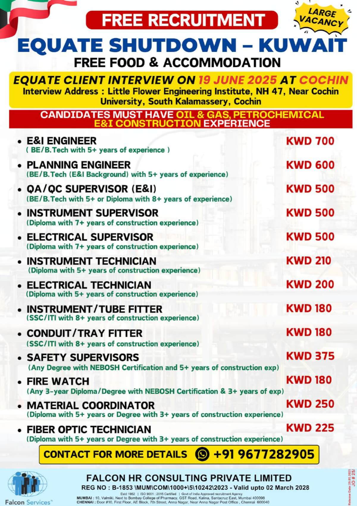 FREE RECRUITMENT FOR EQUATE SHUTDOWN - E & I CONSTRUCTION - 6 MONTHS DURATION- INTERVIEW AT COCHIN ON 19TH/JUNE /2025