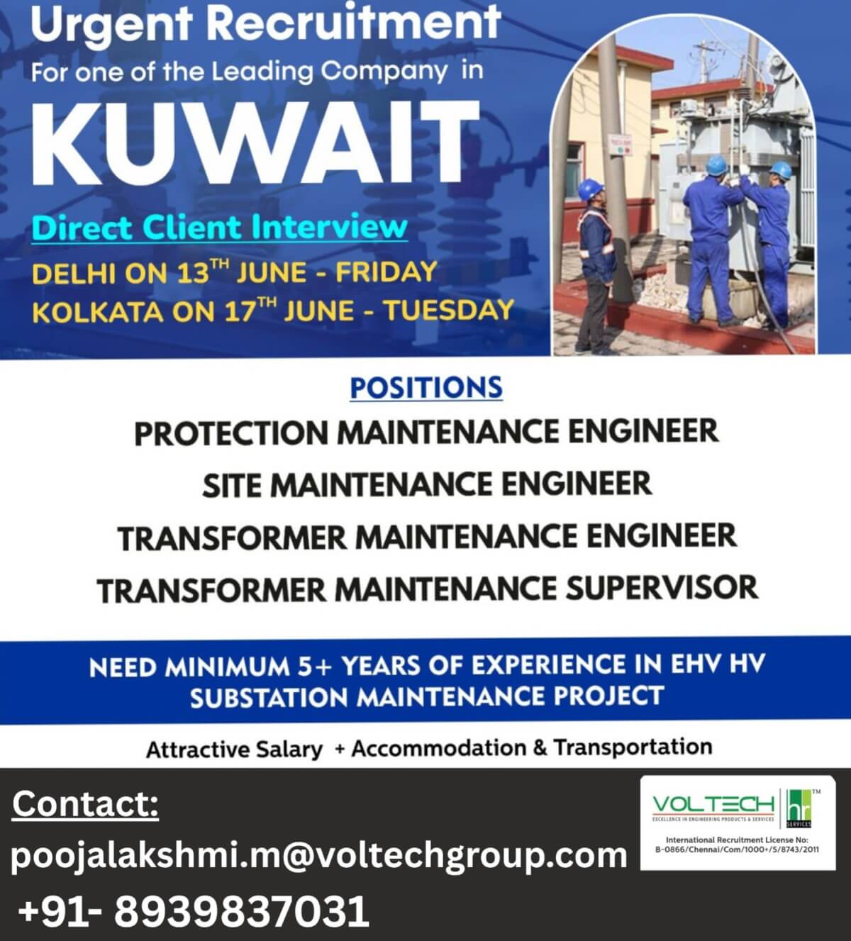 Job vacancy - Kuwait - Direct Interview- Delhi /Kolkata