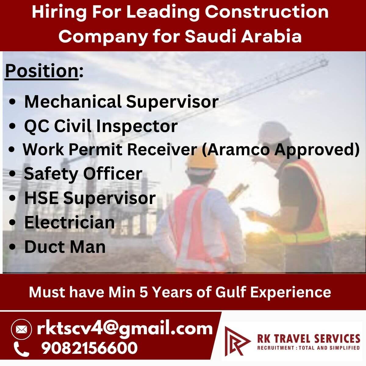 Hiring For Leading Construction Company for Saudi Arabia