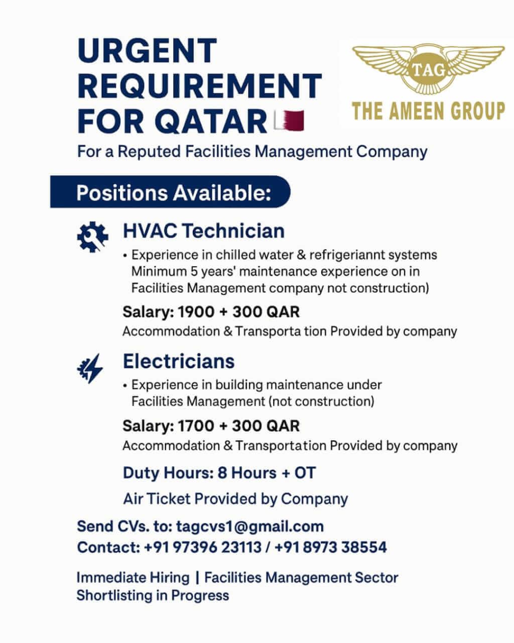 URGENT REQUIREMENT FOR FACILITY MANAGEMENT IN QATAR
