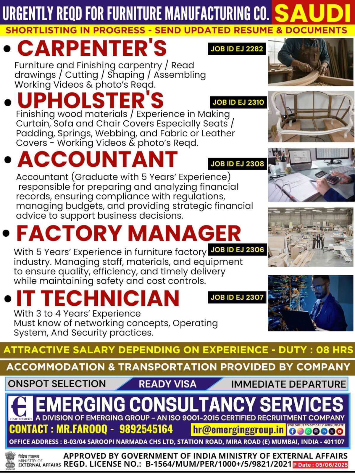 URGENTLY REQUIRED FOR FURNITURE MANUFACTURING COMPANY IN SAUDI ARABIA URGENTLY REQUIRED FOR FURNITURE MANUFACTURING COMPANY IN SAUDI ARABIA