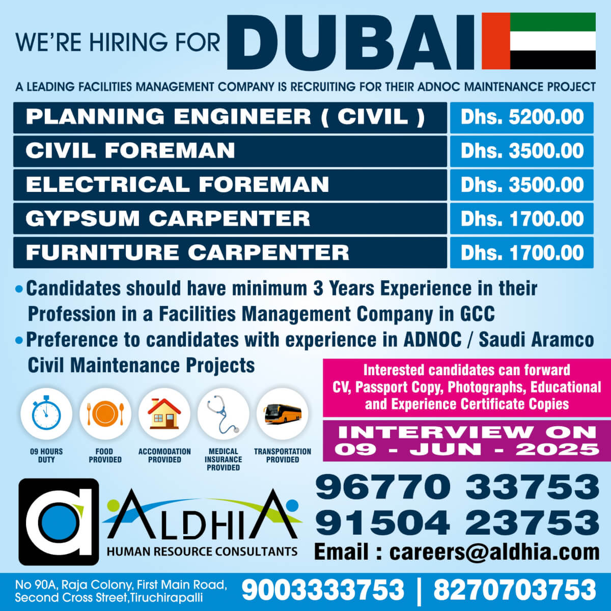 Planning Engineer - Civil, Civil Forman, Electrical Foreman, Gypsum Carpenter, Furniture Carpenter