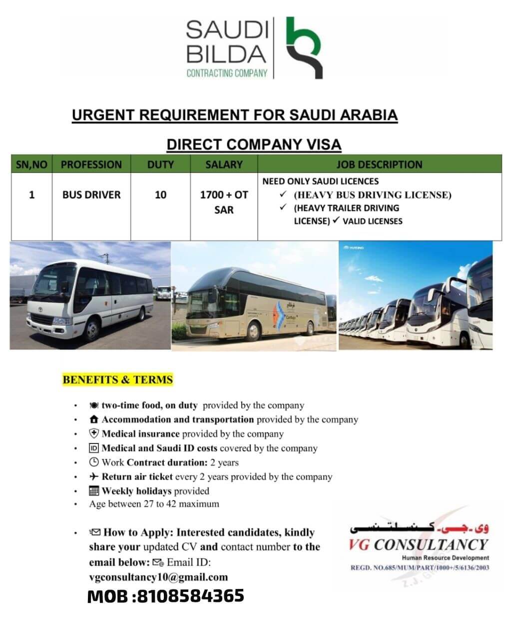 URGENT REQUIREMENT FOR BUS DRIVER SAUDI ARABIA