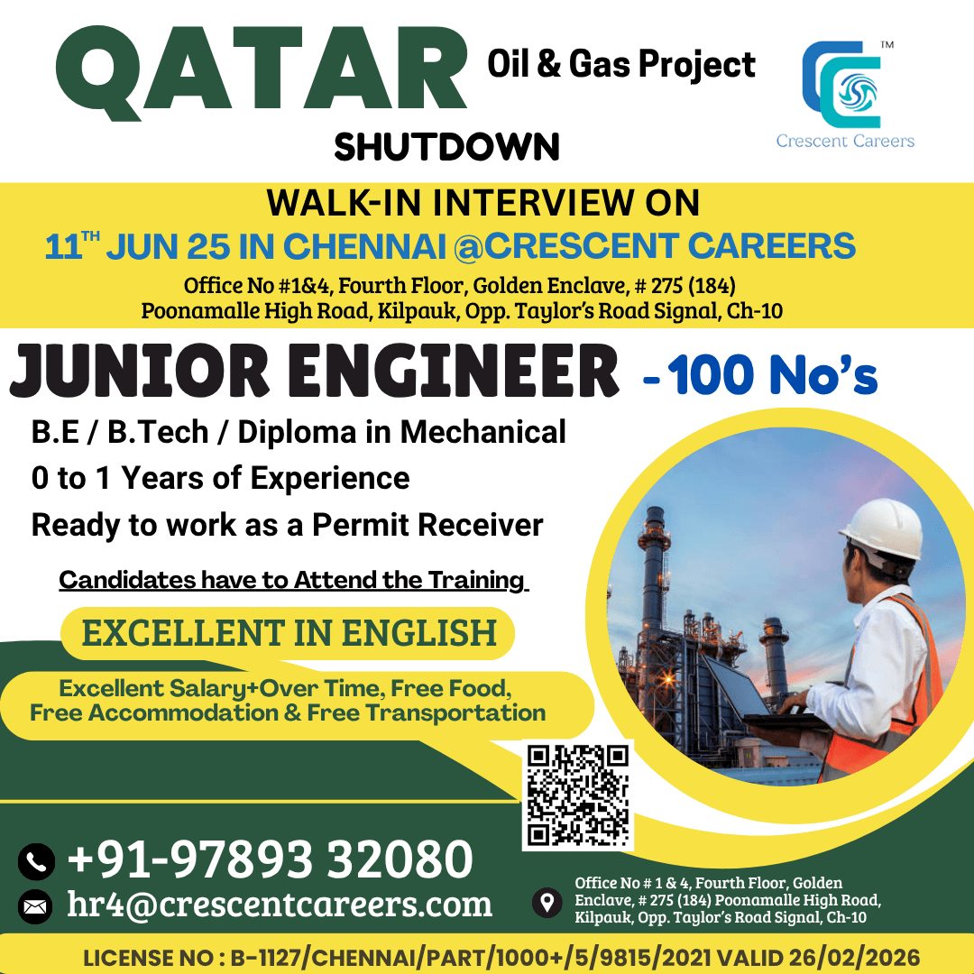 JUNIOR ENGINEER - WALK-IN INTERVIEW ON 11th JUNE 2025 AT OUR OFFICE