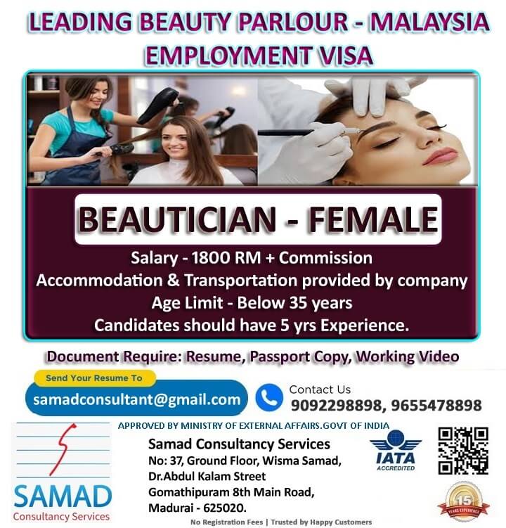 MALAYSIA - EMPLOYMENT VISA,  LEADING BEAUTY PARLOUR, BEAUTICIAN (FEMALE)