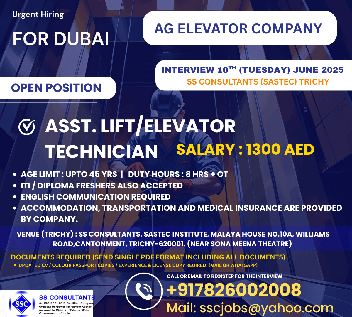 Urgent Hiring: Assistant Lift/Elevator Technician (1300 AED) - Dubai | AG Elevator | Freshers Accepted | Accommodation+Transport+Medical